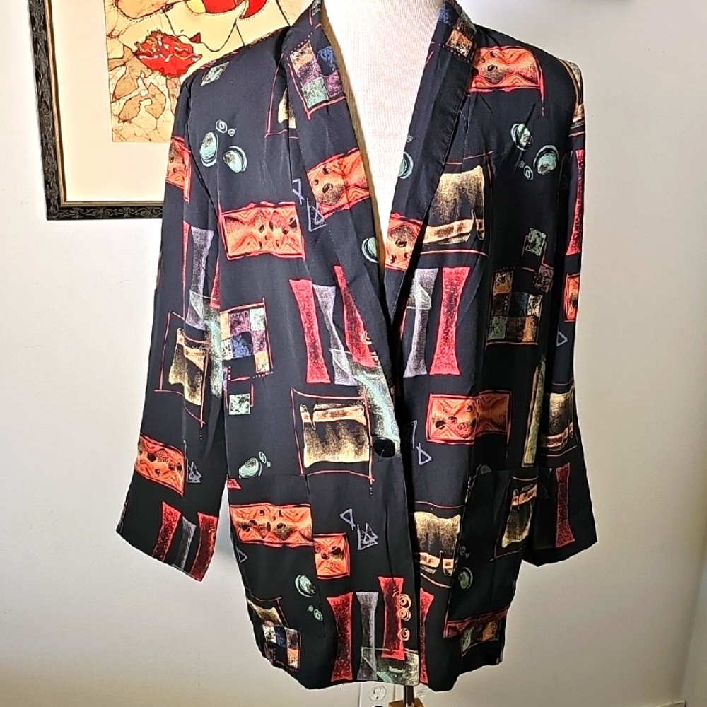 Vintage Y2K Womens Blazer. Size‎ Meduim. One Button Black W/colerful Patern